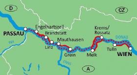 På Donau sykkelsti med sykkel og båt - kart